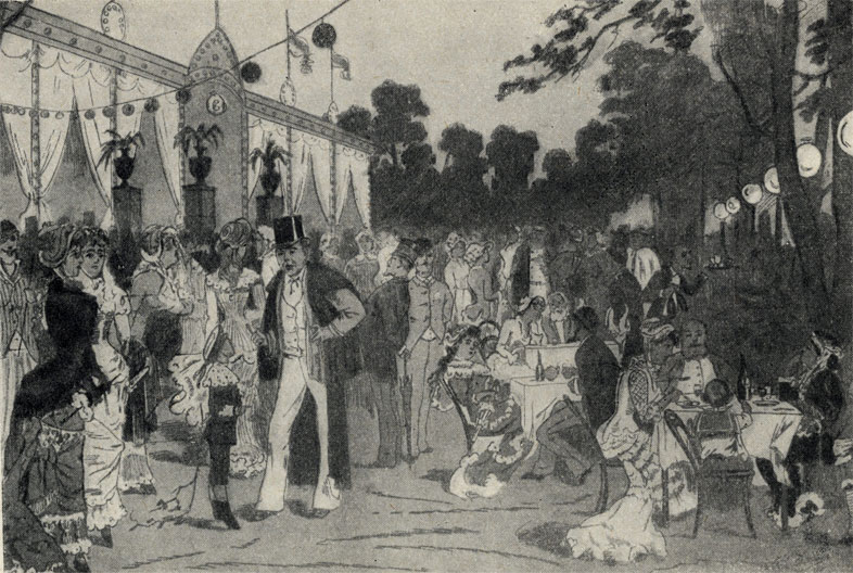 Гулянье первого мая в Сокольниках. Рисунок Н. П. Чехова в журнале 'Зритель'. 1882