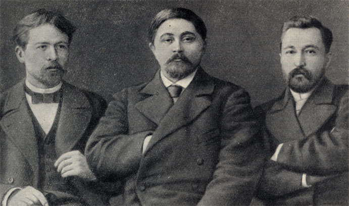 А. П. Чехов, Д. Н. Мамин-Сибиряк и И. Н. Потапенко. Фотография. 1894-1896 гг.