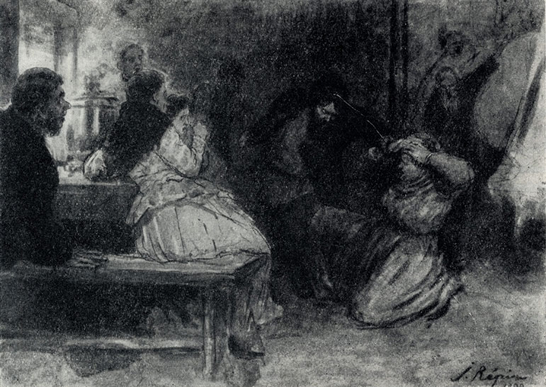 'Мужики'. Рисунок И. Е Репина для французского издания рассказа в переводе Д. Роша. 1899