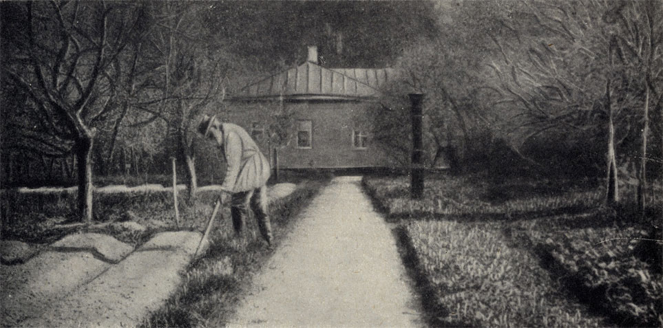 П. Е. Чехов в мелиховском саду за работой. Фотография